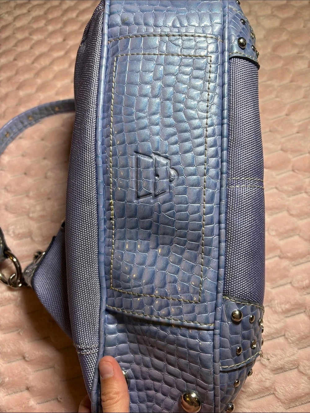 Y2K Kathy Van Zeeland Croc-Embossed Studded Shoulder Bag 💜🩵